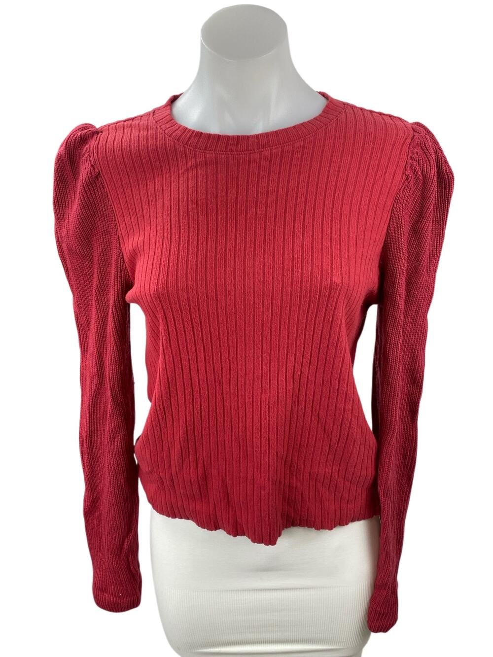 Splendid Women's Red Long Puff Sleeve Ribbed Knit Crew Neck Sweater Top Size S